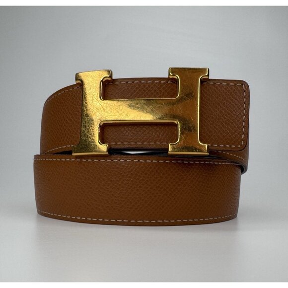 HERMES Gold H Reversible Black and Tan Leather Belt 85 Made in France - Picture 2 of 13